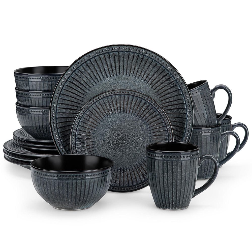 16-Piece Black Grey Porcelain Dinnerware Set Service for 4-Bowls and Plates Dinner Set Embossed Dots Pattern Tableware - Hercitys