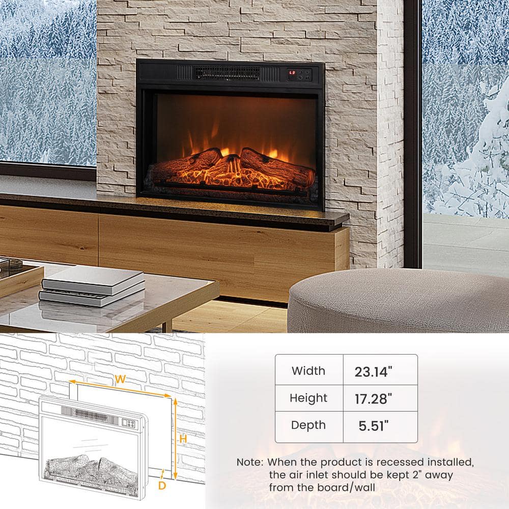 25 in. Wall-Mount Electric Fireplace TV Stand Insert Heater w/Log Flame Effects Remote Control 1400W in Black - Hercitys