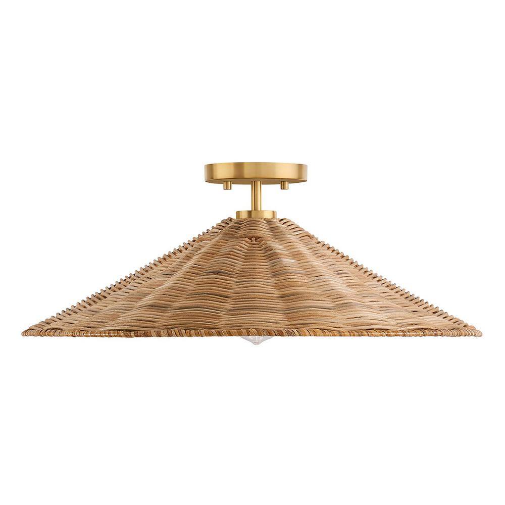 22 in. W x 8 in. H, 1-Light Natural Brass Semi- Flush Mount with Natural Rattan Shade - Hercitys