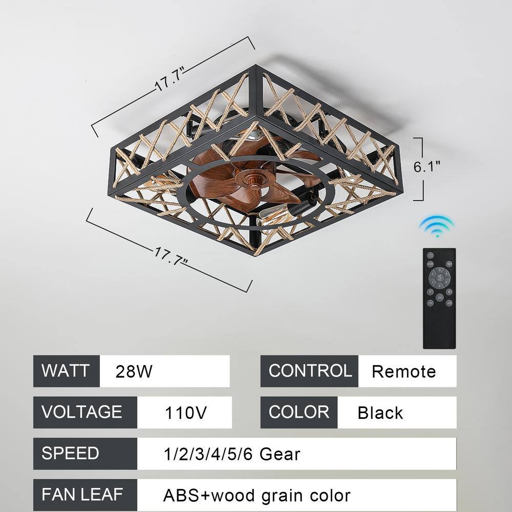 17.7 in. Indoor Black Lighting Ceiling Fan Flush Mount Square with Rope Decor - Hercitys