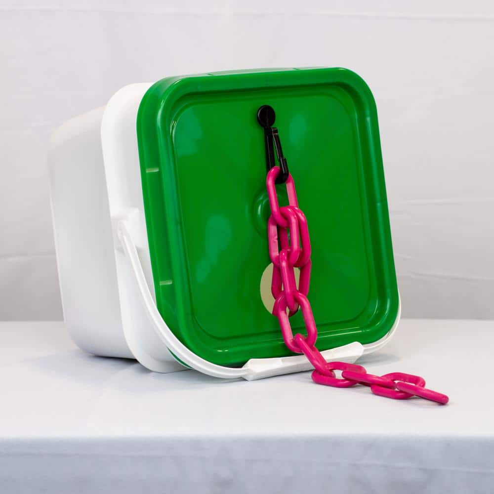 2 in. (#8, 51 mm) x 65 ft. Heavy Duty Plastic Safety Chain Safety Pink in a Pail - Hercitys