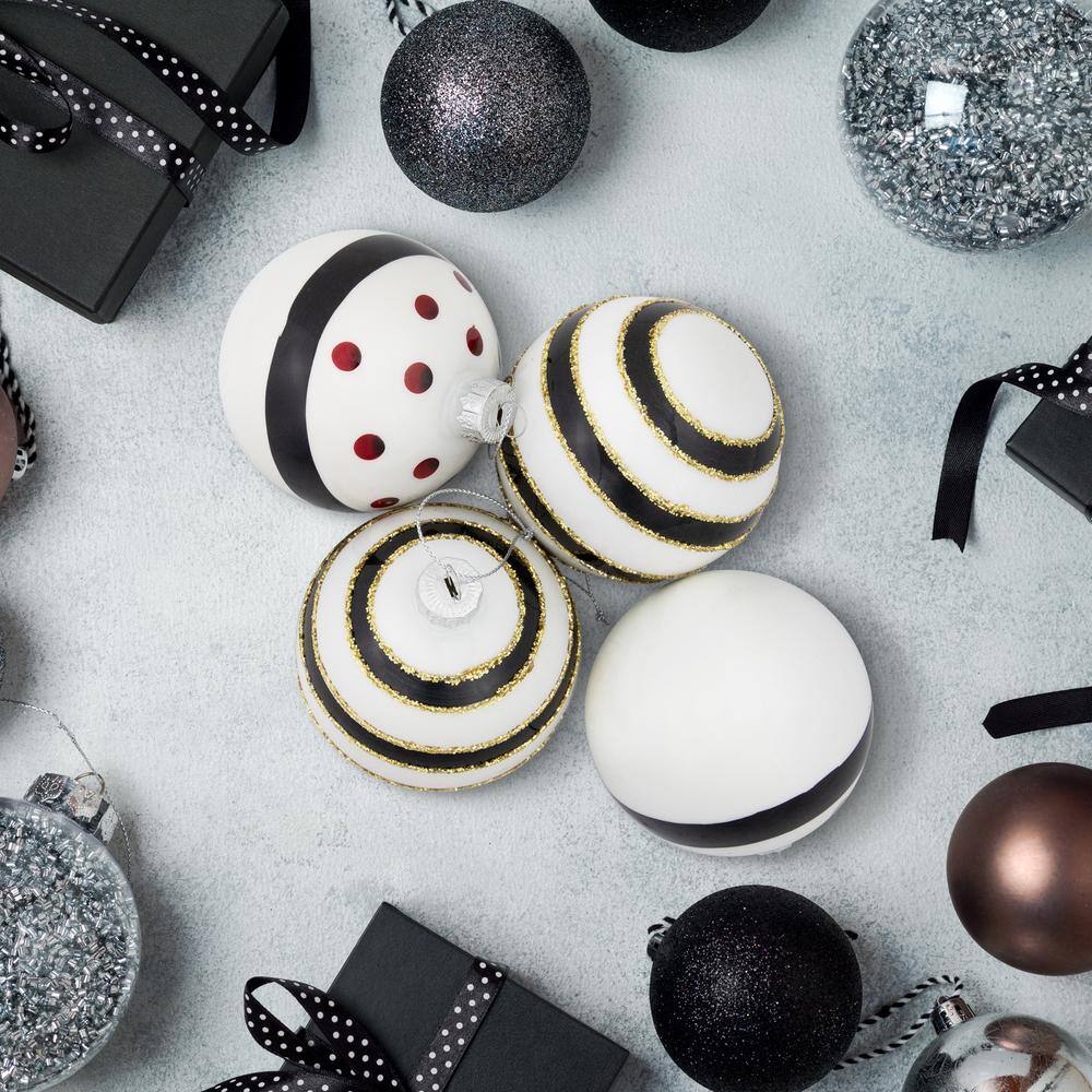 3 in. (80 mm) Shiny White and Black Striped Christmas Glass Ball Ornaments (Set of 4) - Hercitys