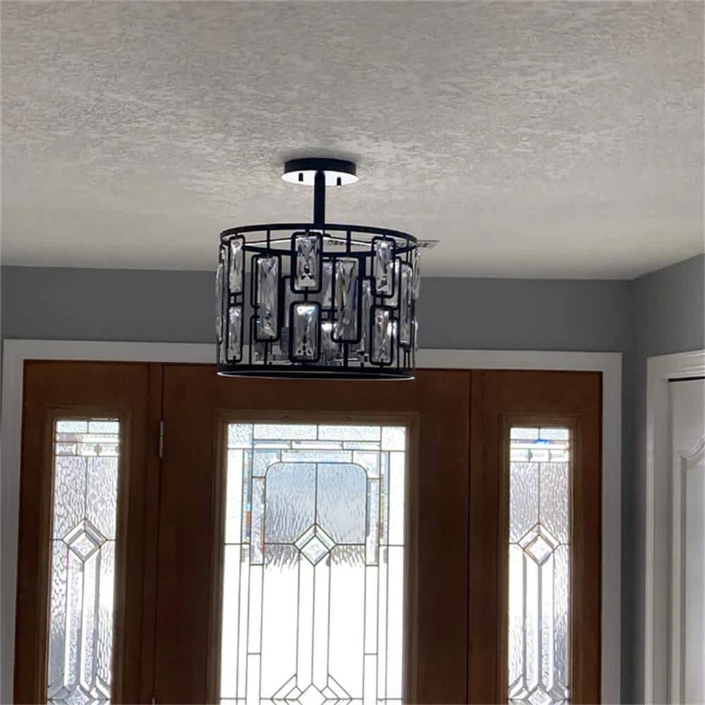 13.5 in. 4-Light Black Semi Flush Mount with Clear Crystals - Hercitys