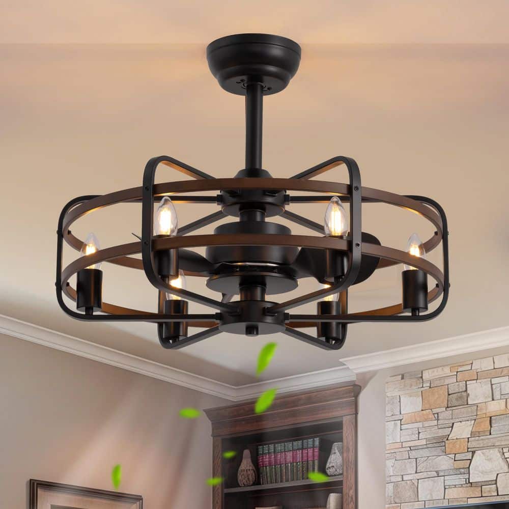 25 in. Farmhouse Indoor Vintage Caged Ceiling Fan with Lights and Remote Control, Black and Walnut Color Chandelier Fan - Hercitys