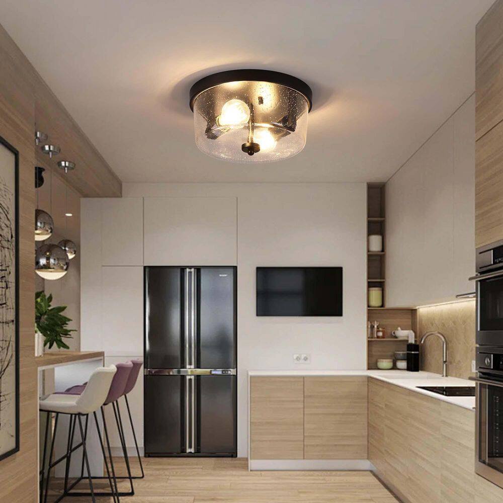 10.63 in. 2-Light Black Farmhouse Flush Mount with Seeded Glass Shade and No Bulbs Included (2-Pack) - Hercitys