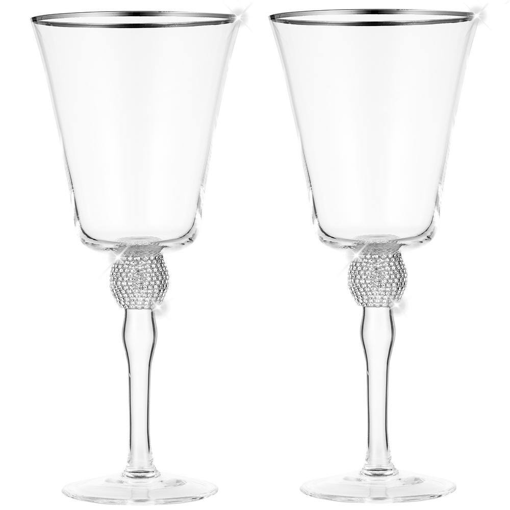 (Set of 4) Wine Glass 14.7 oz. with Rhinestone Design and Silver Rim - Hercitys