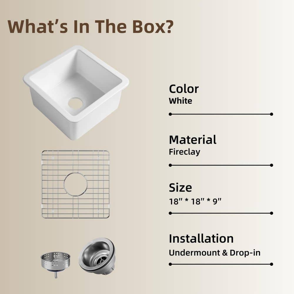 18 in. White Undermount Kitchen Sink, Dual Mount Square Fireclay Sink, Deep Single Bowl with Grid and Drain Strainer - Hercitys