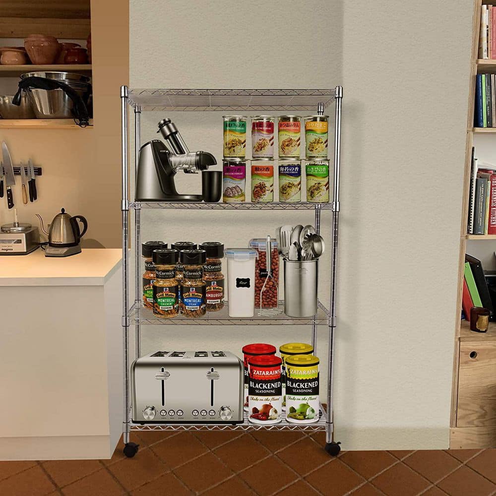 4-Shelf Iron Pantry Organizer with Wheels in Silver, Adjustable Heavy-Duty Storage Shelves for Kitchen - Hercitys
