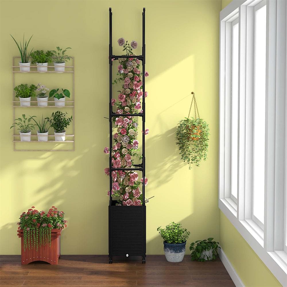 17 in. L x 17 in. W x 87 in. H Black Indoor/Outdoor Metal Raised Garden Bed with Trellis and Wheels (2-Pack) - Hercitys