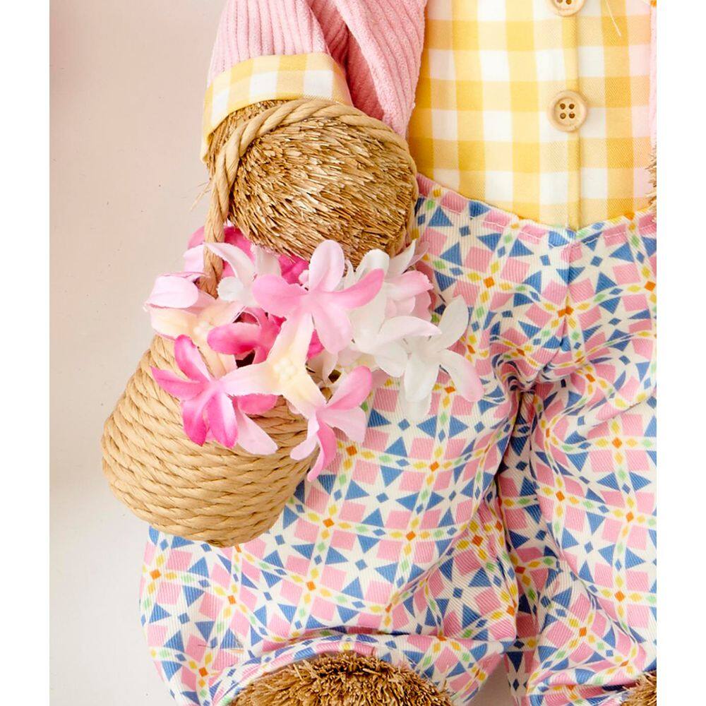20 in Easter Tabletop Natural Sisal Standing Bunny Holding Basket of Flowers - Hercitys