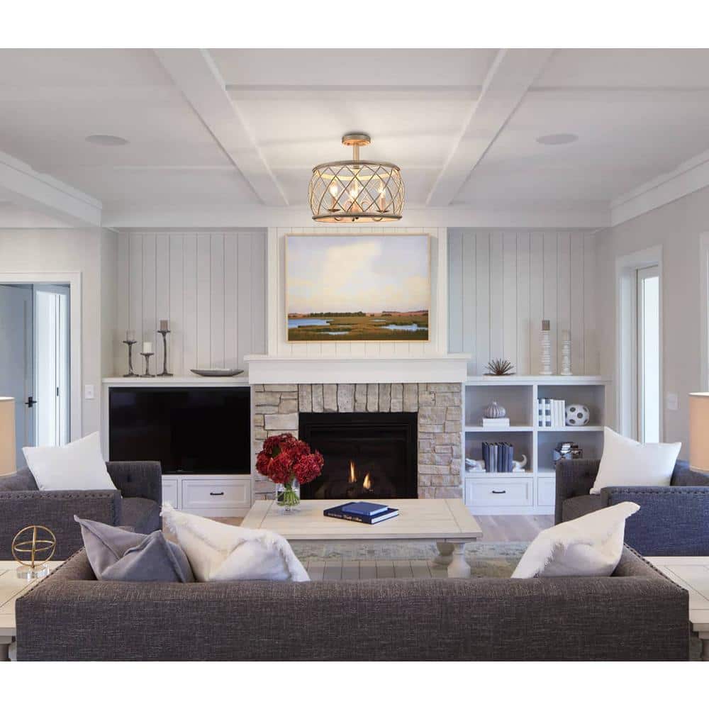 16.89 in. 3-Light Nickel Modern Semi-Flush Mount with No Glass Shade and No Bulbs Included 1-Pack - Hercitys