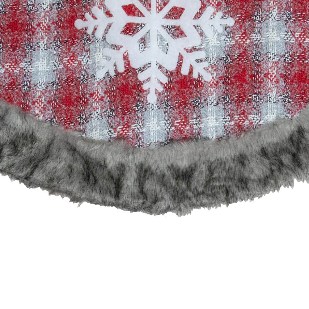 48 in. Red and White Plaid Christmas Tree Skirt with Snowflake - Hercitys