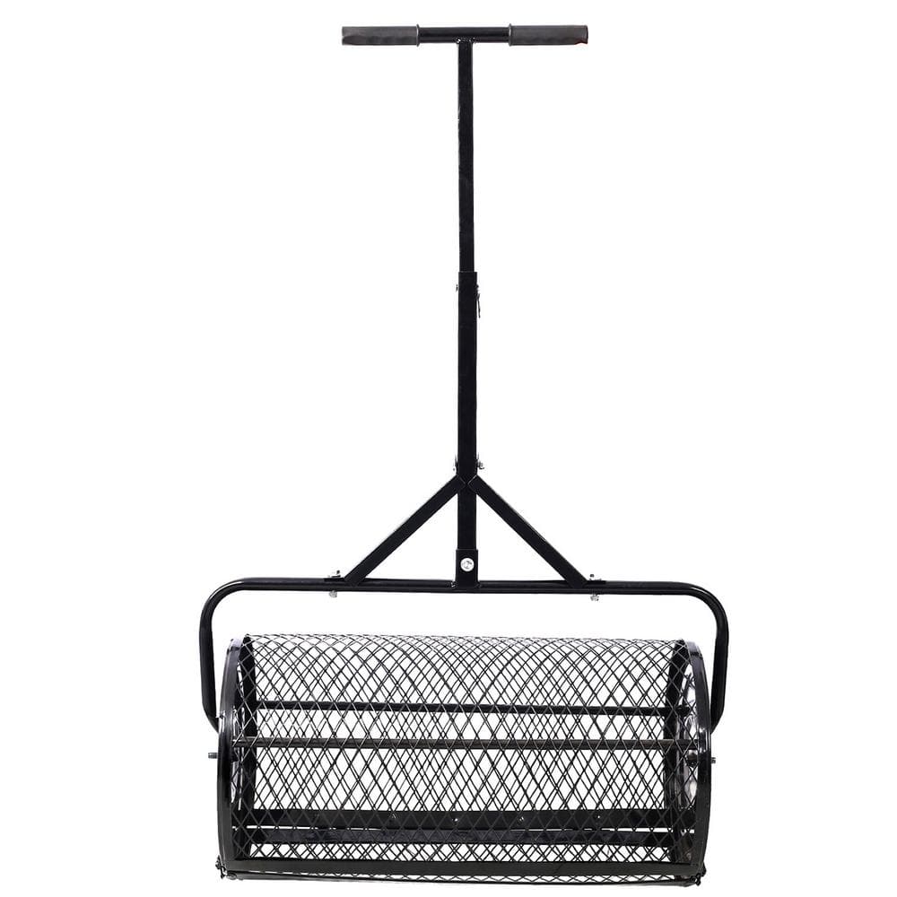 24 in. Metal Mesh Peat Moss Spreader Roller with T Shaped Handle for Planting, Seeding, Lawn and Garden Care, Black - Hercitys