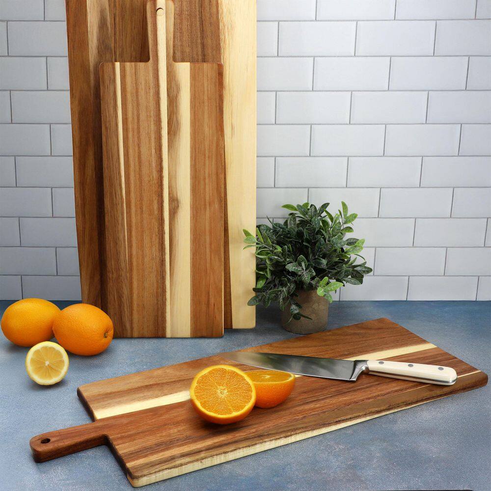28 in. 3 Piece Acacia Wood Charcuterie Cheese Board Set with Handles - Hercitys