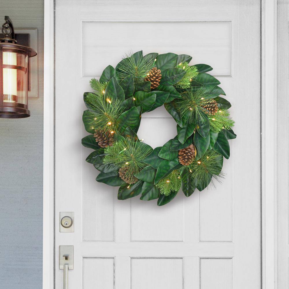 24 in. Green Prelit Magnolia Artificial Christmas Wreath with Pinecones - Hercitys