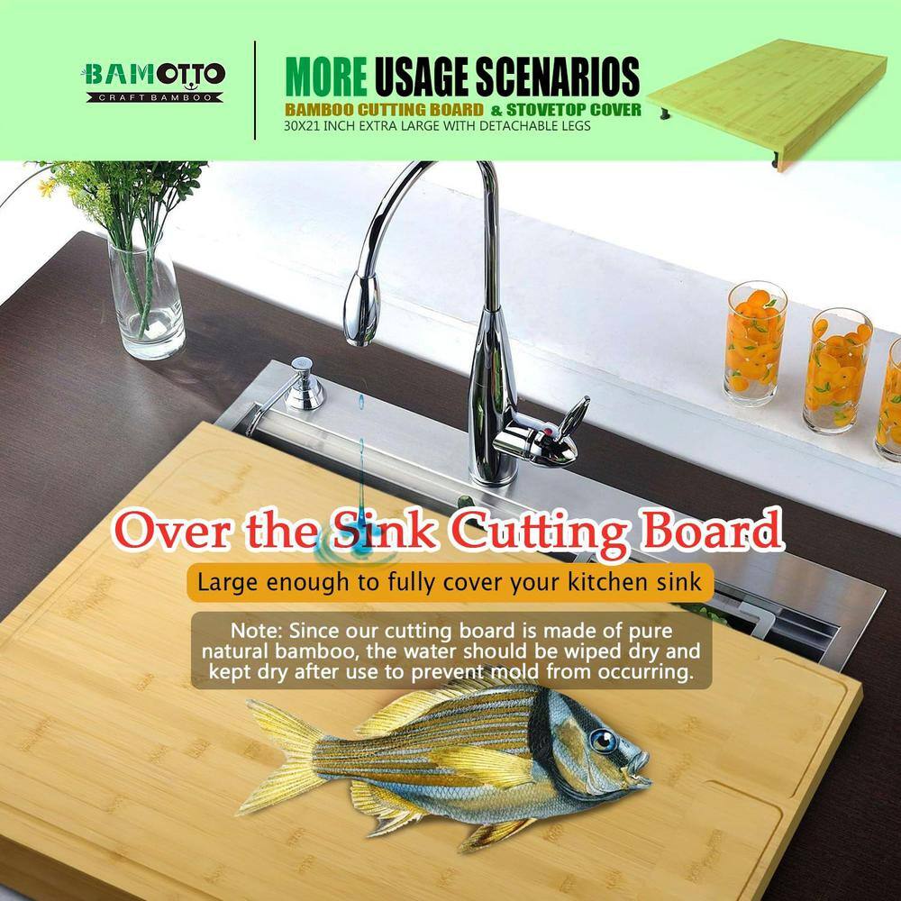 30 x 21 in. Rectangular Extra Large Bamboo Cutting Board Detachable Legs, Juice Groove Kitchen Counter Sink - Hercitys