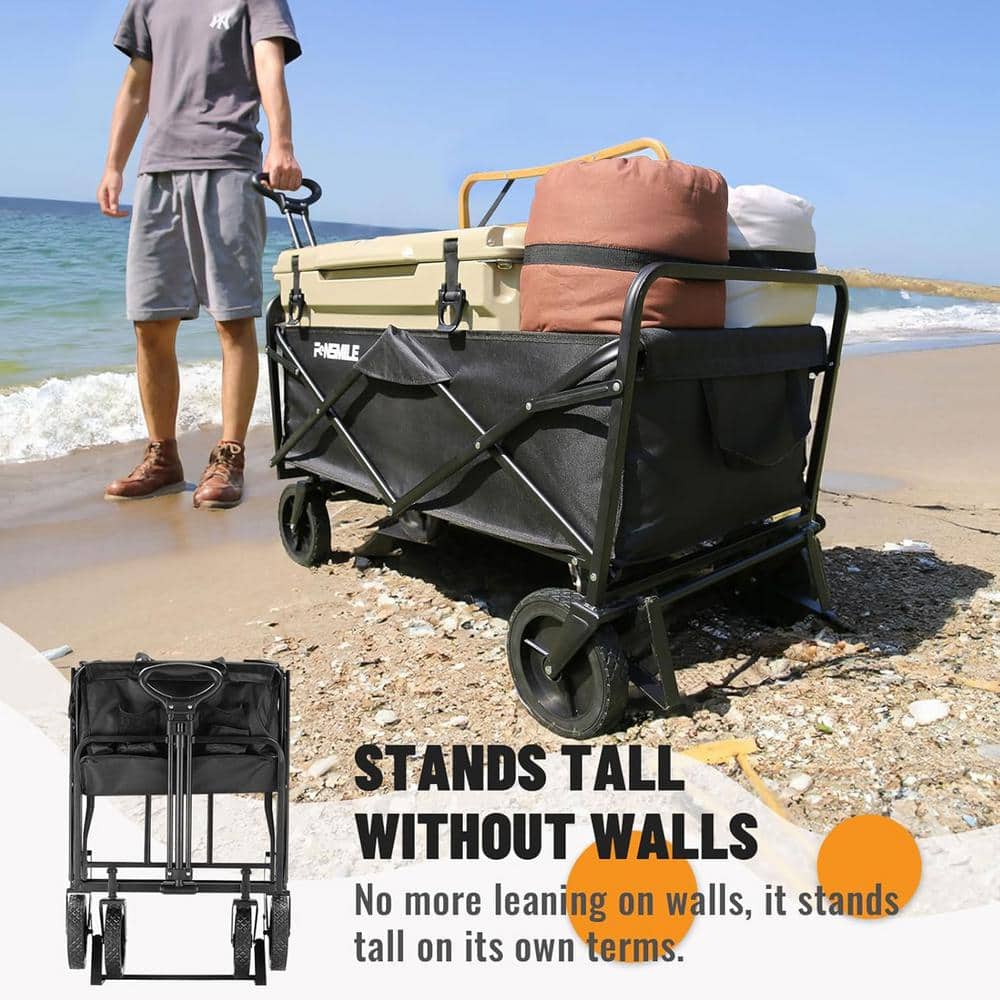 4.94 cu. ft. Outdoor Metal Foldable Black Heavy Duty Wagon Garden Cart with Non-Slip Wheels and Stand - Hercitys