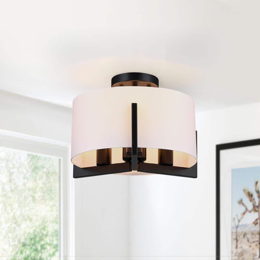 14 in. 3-Light Matte Black Semi-Flush Mount Ceiling Light with Drum Shade - Hercitys