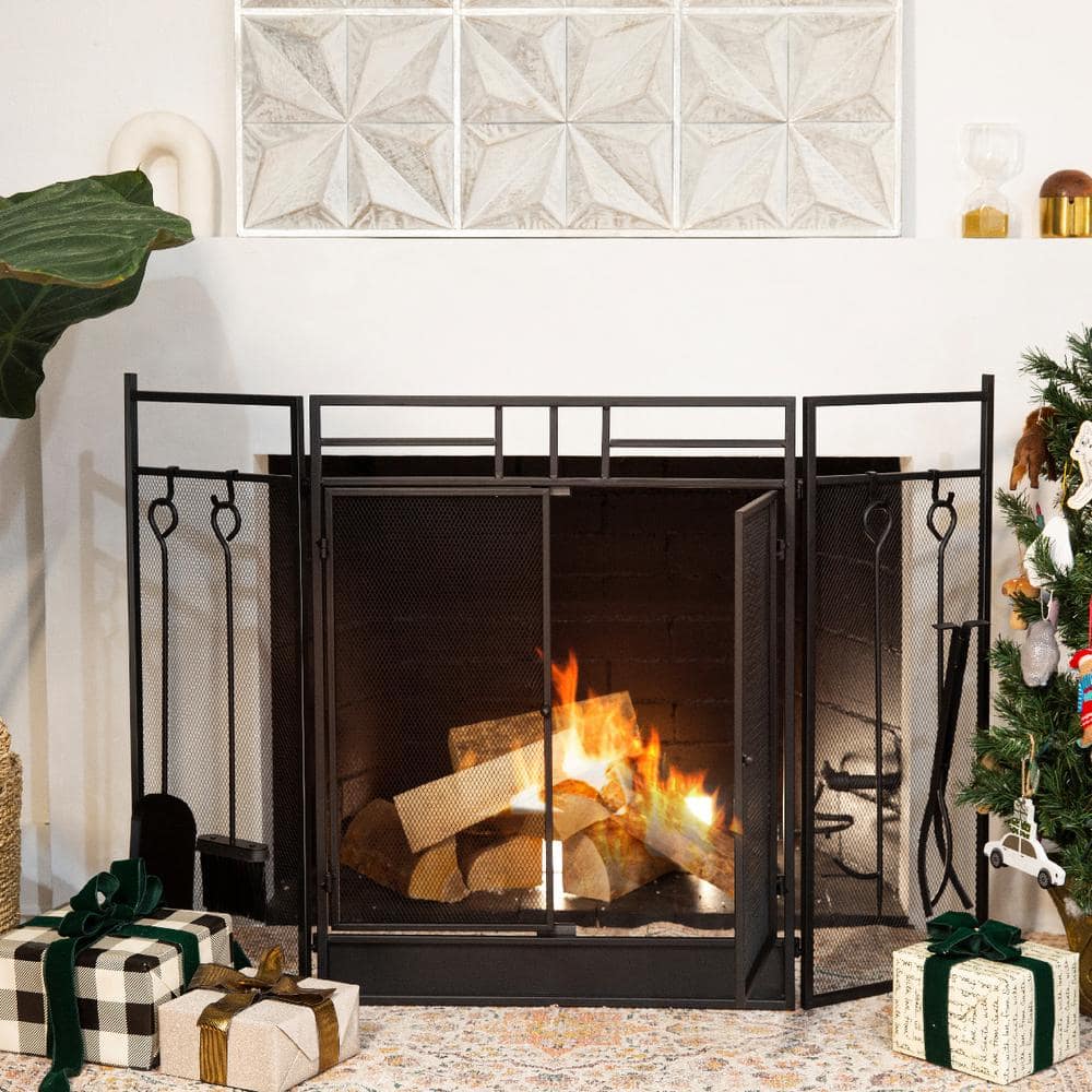4-Panel Wrought Iron Fireplace Screen Fire Spark Guard Hinged Doors with 4 Tools - Hercitys