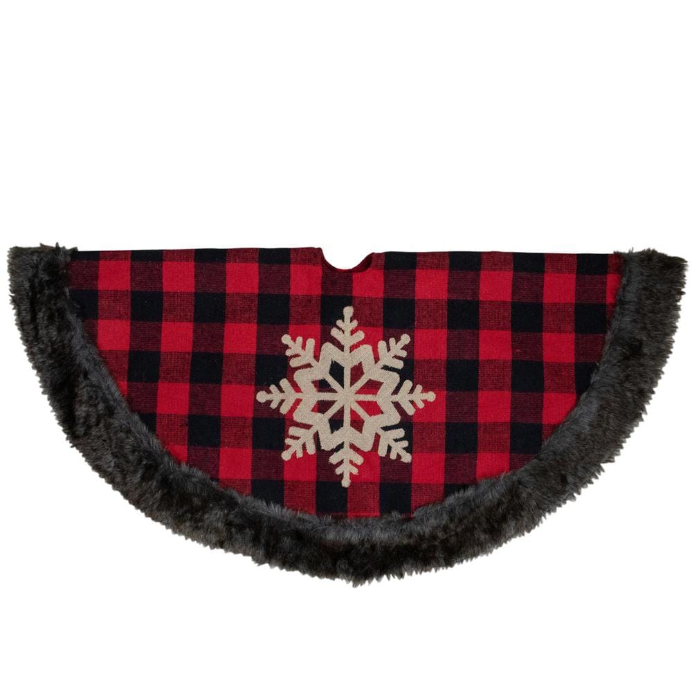 48 in. Red and Black Christmas Tree Skirt with Burlap Snowflake - Hercitys