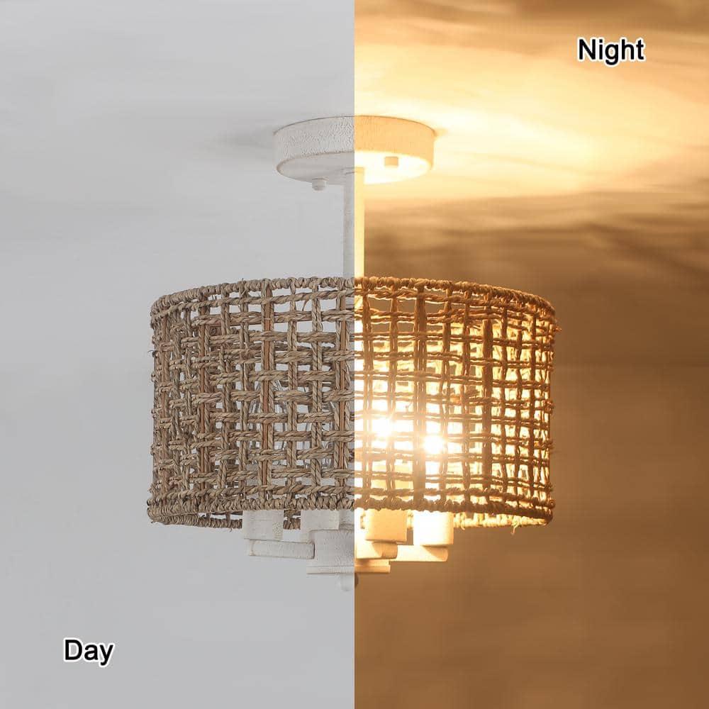 11.8 in. 4-Light Distressed White Farmhouse Drum Semi-Flush Mount Ceiling Light Fixture with Hand Woven Shade - Hercitys