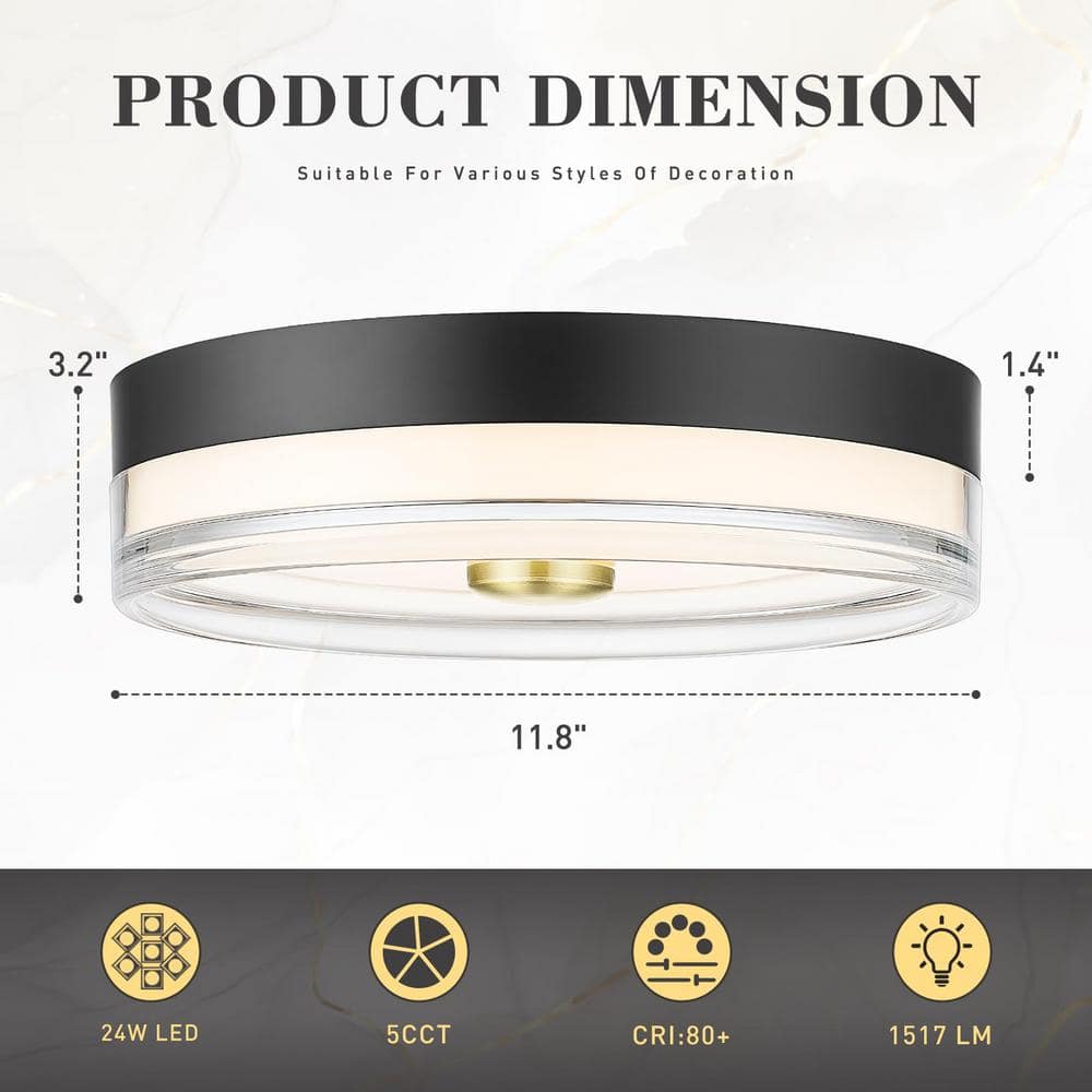 11.8 in. 5 CCT Light Black and Gold Finish Fixtures Flush Mount Ceiling Mount 24W LED Ceiling Light for Hallway Bedroom - Hercitys