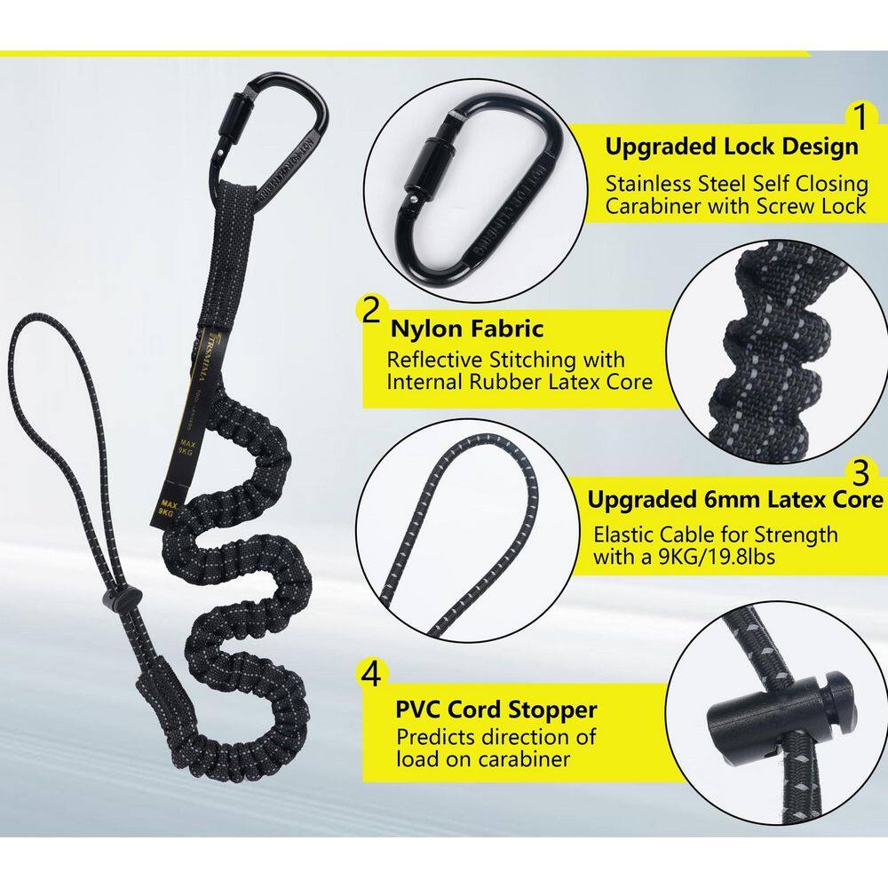 35.4 in. Black Safety Fall Protection Tool Lanyard with Screw Lock Carabiner Clip for Scaffold Erectors (5-Pack) - Hercitys