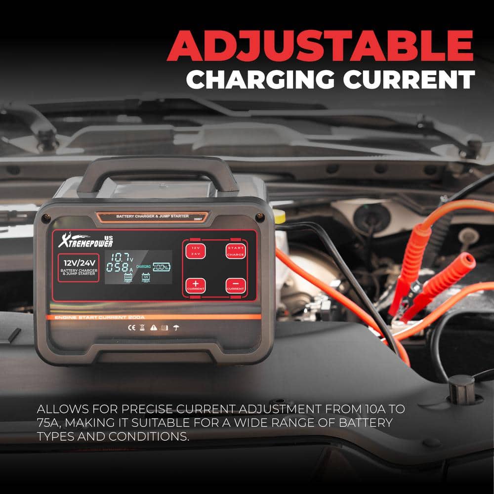12-Volt/24-Volt 75-Amp Battery Charger and Maintainer with Clamps - Hercitys