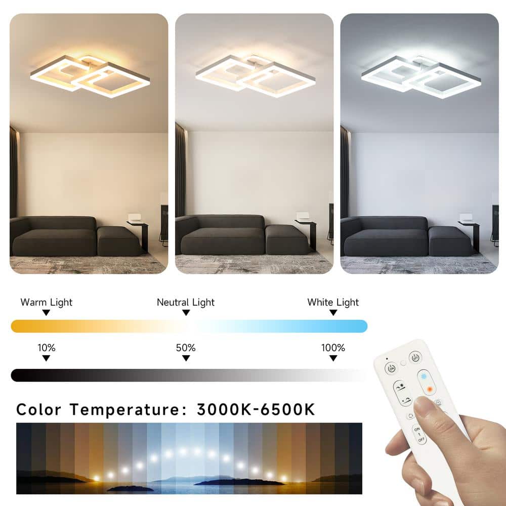 25 in. Modern White Integrated LED Square Dimmable Aluminum Frame Semi-Flush Mount Ceiling Light with Remote Control - Hercitys