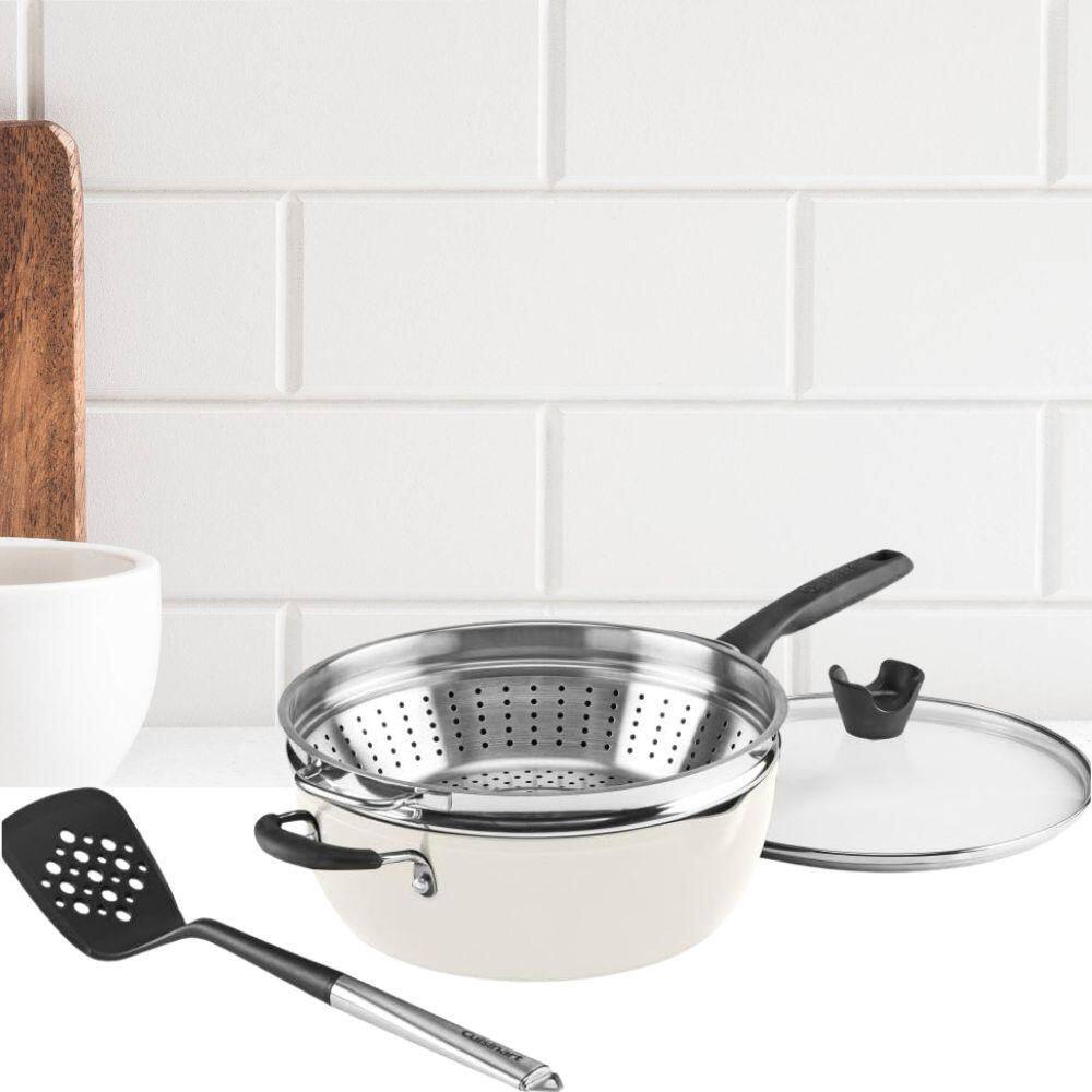 4-Piece Set 4.5 Qt. Multi-Purpose Pan with Lid Cover, Steamer, Slotted Turner in Creme de la Creme - Hercitys