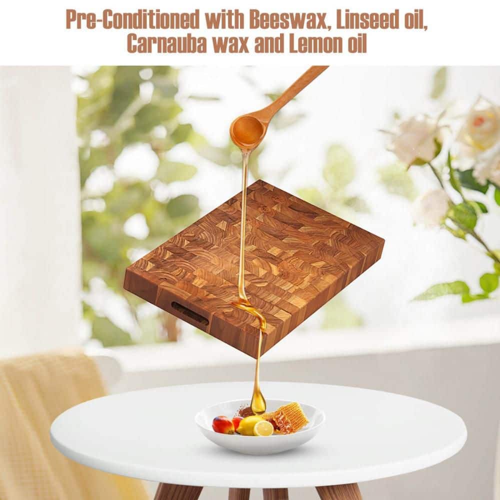 18 in. x 12 in. Rectangular Teak Wood End Grain Cutting Board Chopping Block with Hand Grip - Hercitys