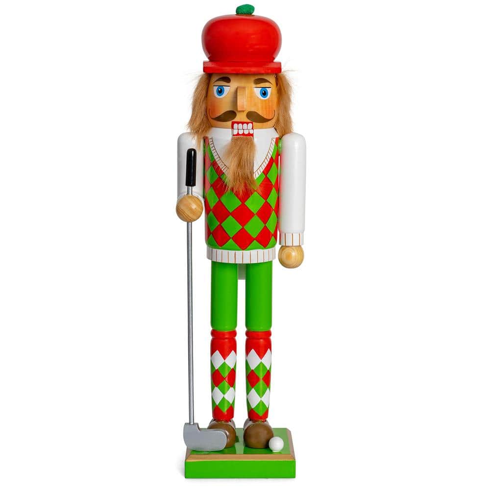 15 in. Wooden Golf Player Christmas Nutcracker-Red and Green Golfer with Club and Ball Holiday Nutcracker Figure Decor - Hercitys
