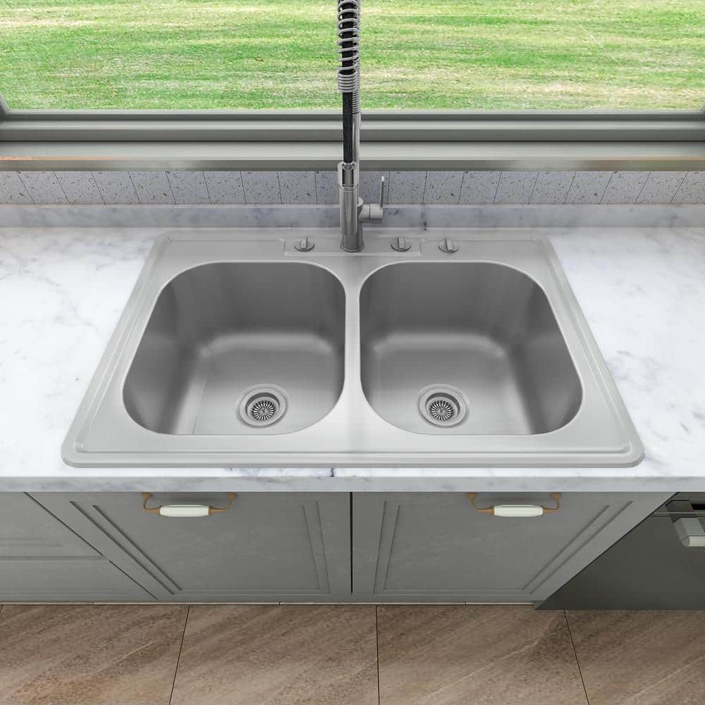 304 Stainless Steel 18 Gauge 33 in. Double Bowl Drop-In Kitchen Sink - Hercitys