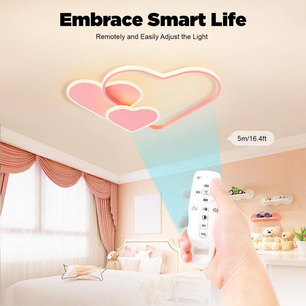 20.47 in. 1-Light Pink Modern Heart-Shaped Selectable LED Semi-Flush Mount Ceiling Light with Remote Control - Hercitys