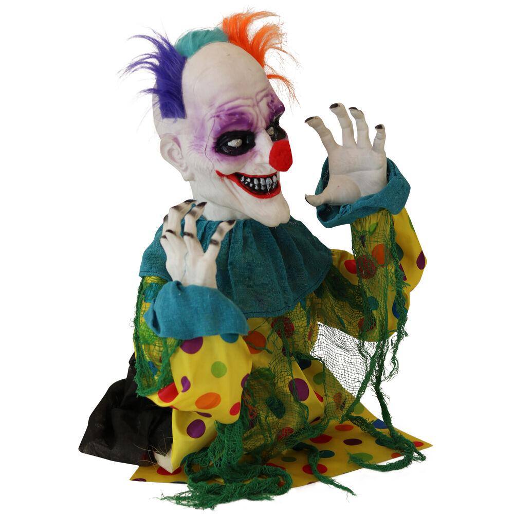24 in. Battery Operated Animated Poseable Clown with LED Eyes Halloween Prop - Hercitys