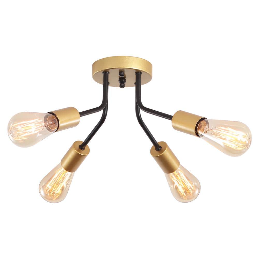 14.76 in. 4-Light Black and Gold Modern Sputnik Linear Semi- Flush Mount Ceiling Light Chandeliers for Bedrooms - Hercitys