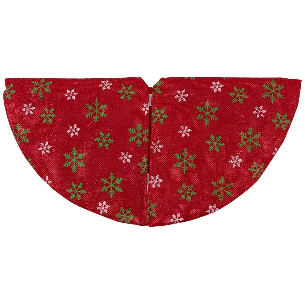20 in. Metallic Red with Green and White Snowflakes Mini Christmas Tree Skirt - Hercitys