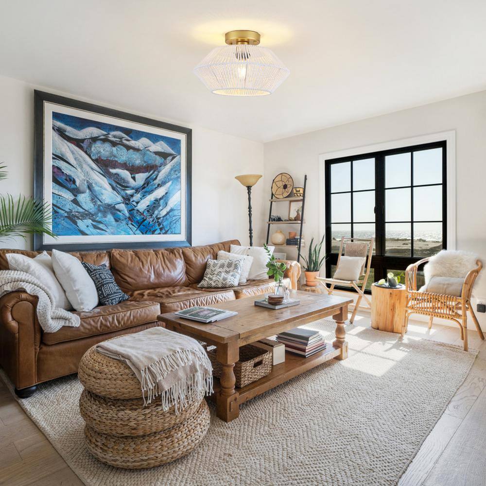 12.59 in. 1-Light Gold and White Metal Semi-Flush Mount Light with Imitation Hemp Rope Shade and No Bulbs Included - Hercitys