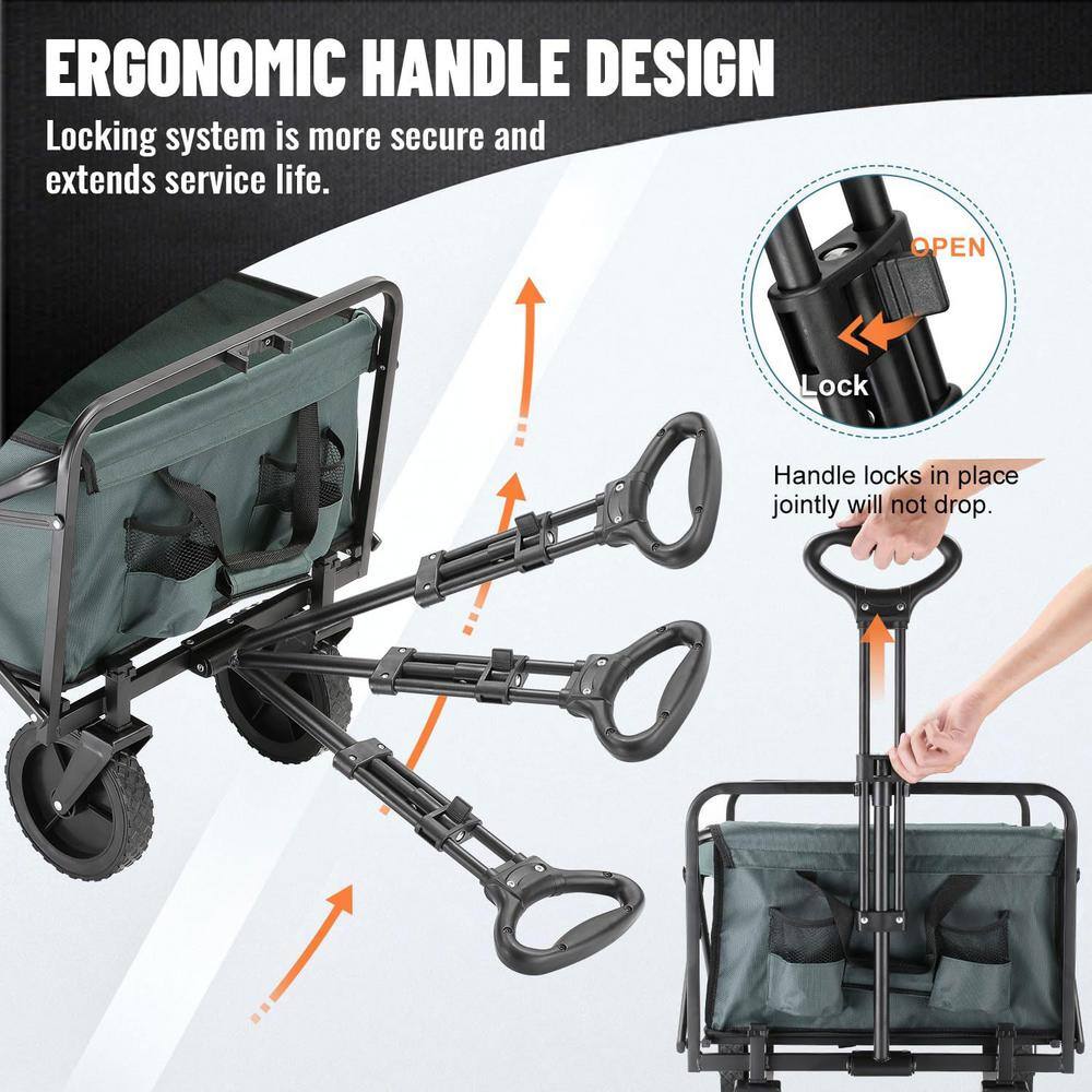 4.9 cu. ft. Fabric PVC Garden Cart, 2-Fold Collapsible Wagon Cart with Metal Frame, Cup Holder, Adjustable Handle, Green - Hercitys