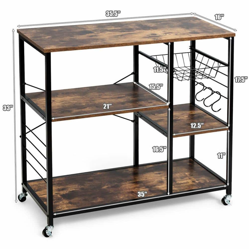 35 1/2 in. W Metal Frame Brown Engineered Wood Shelf Small Rolling Kitchen Cart Trolley on the Wheels - Hercitys
