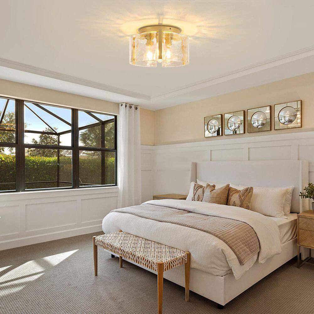 14.96 in. 3-Light Gold Modern Flush Mount Ceiling Light with Water Glass Shade - Hercitys