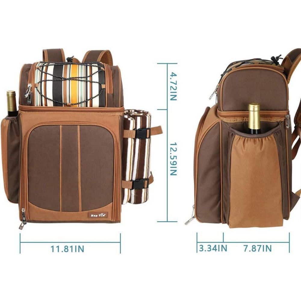 12 in. Blasting Brown Picnic Backpack-2 Insulation Cooler, Wine Rack, Wool Blanket - Hercitys
