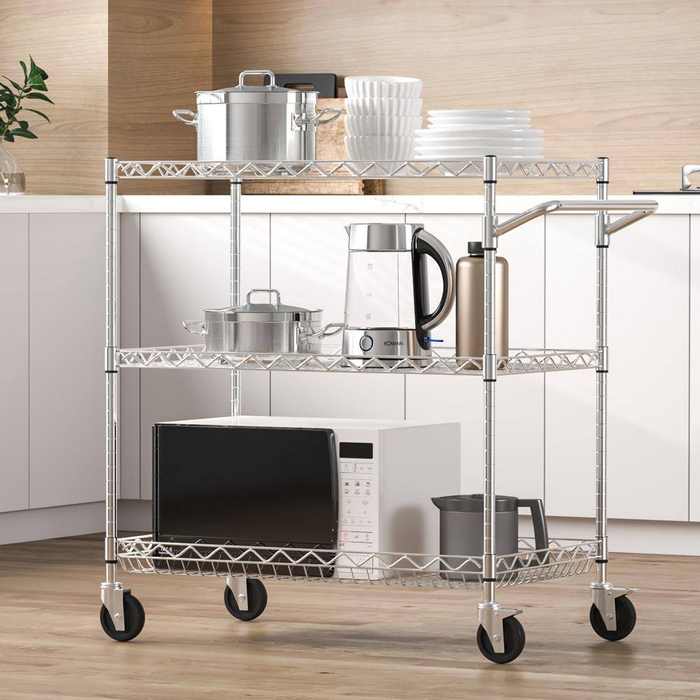 3-Tier Kitchen Cart 661 lbs. Capacity Wire Rolling Cart, Steel Service Trolley with 80 mm Deep Basket, Silver - Hercitys