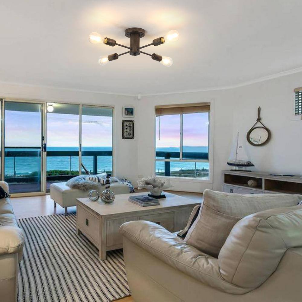 17.5 in. 4-Light Imitation Wood Grain Sputnik Transitional Flush Mount Ceiling Lights - Hercitys