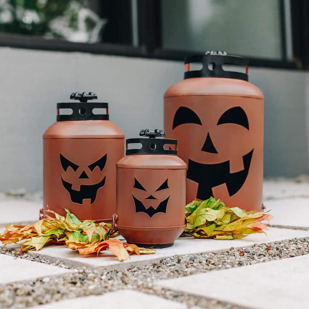 14 in. Halloween Orange Pumpkin Lanterns – Replica Propane Lanterns (Set of 3) - Hercitys