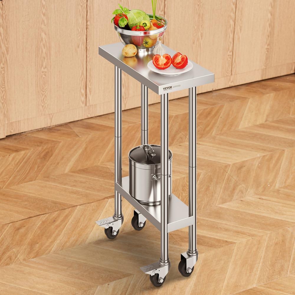 24 in. x 12 in. x 38 in. Silver Stainless Steel Kitchen Prep Table 500 lbs. Load Capacity w/ 3 Adjustable Height Levels - Hercitys