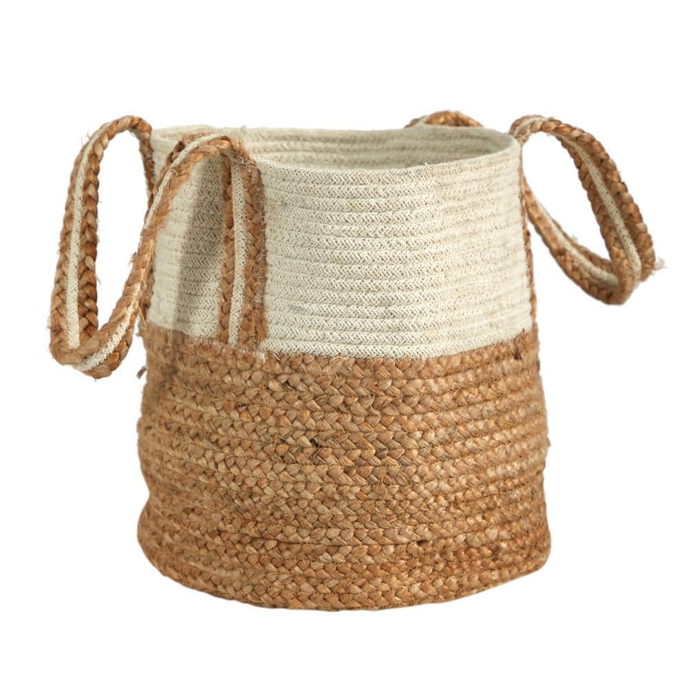 14 in. Beige Jute and Natural Cotton Boho Chic Basket Planter with Handles - Hercitys
