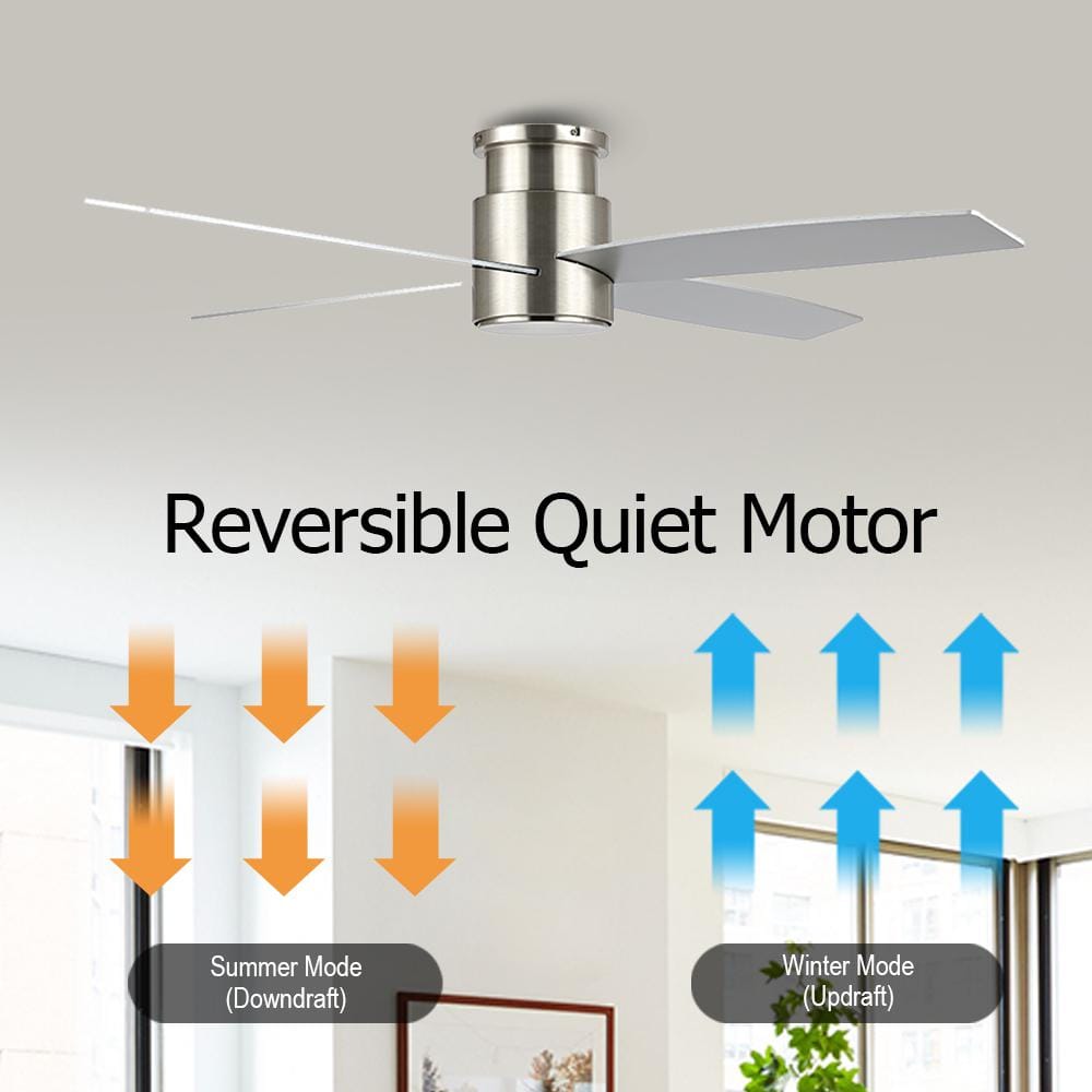 52 in. Nickel Flush Mount DC Ceiling Fan without Lights, 4 Reversible Blades - Hercitys