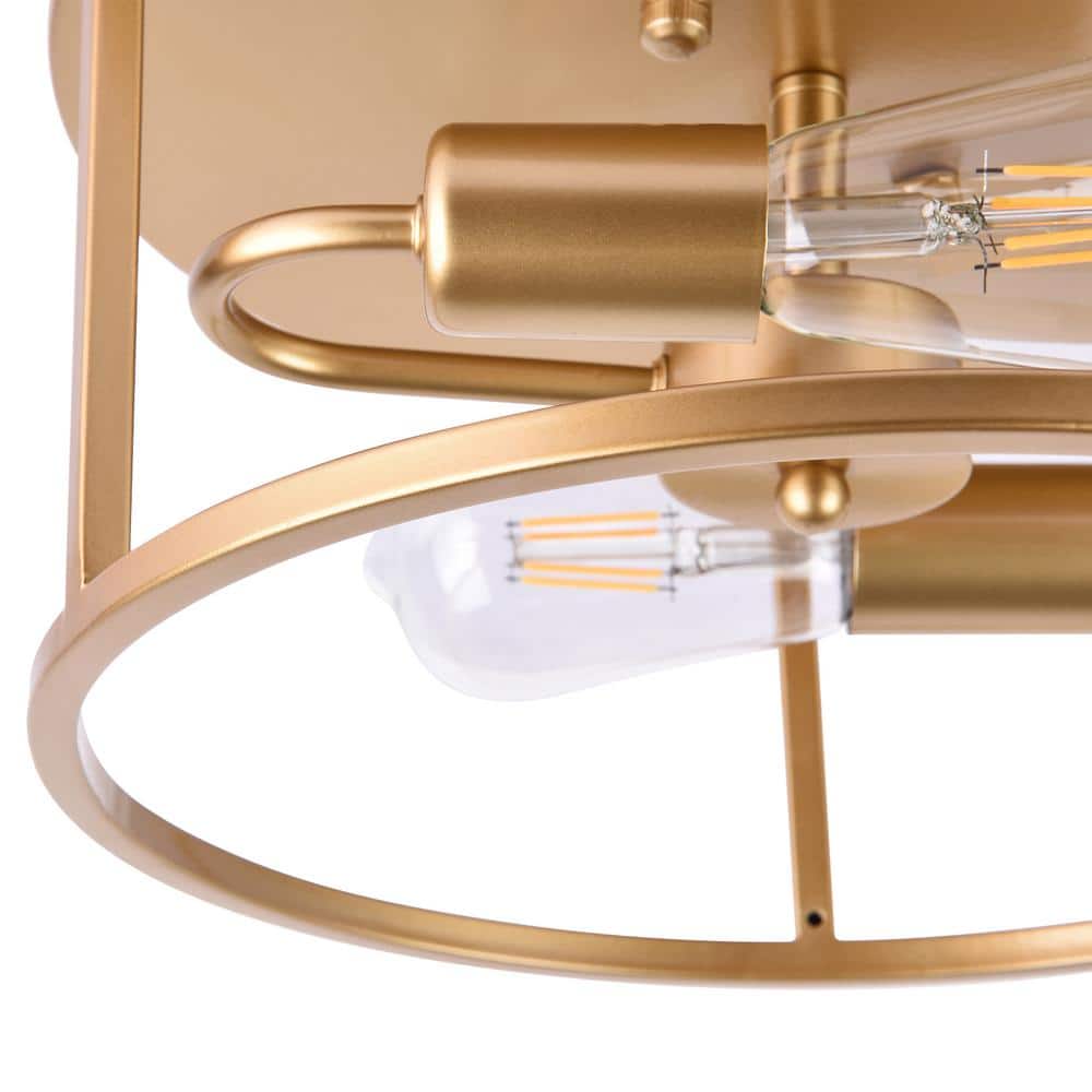 2-Light Gold Farmhouse Round Cage Flush Mount Ceiling Light with No Bulbs Included 12.59 in. - Hercitys