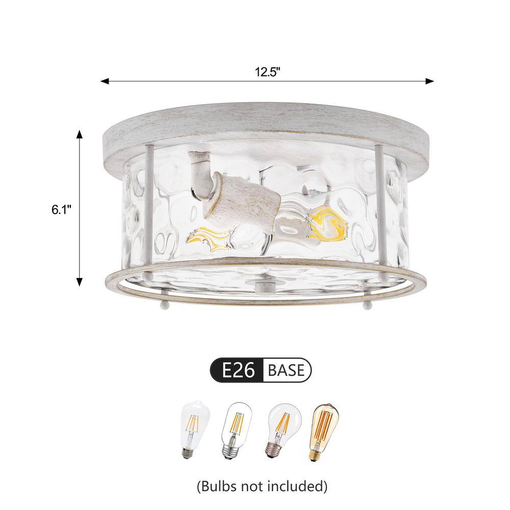 12.5 in. 2-Light White Gold Flush Mount Water Ripple Glass Ceiling Light with Metal Frame - Hercitys
